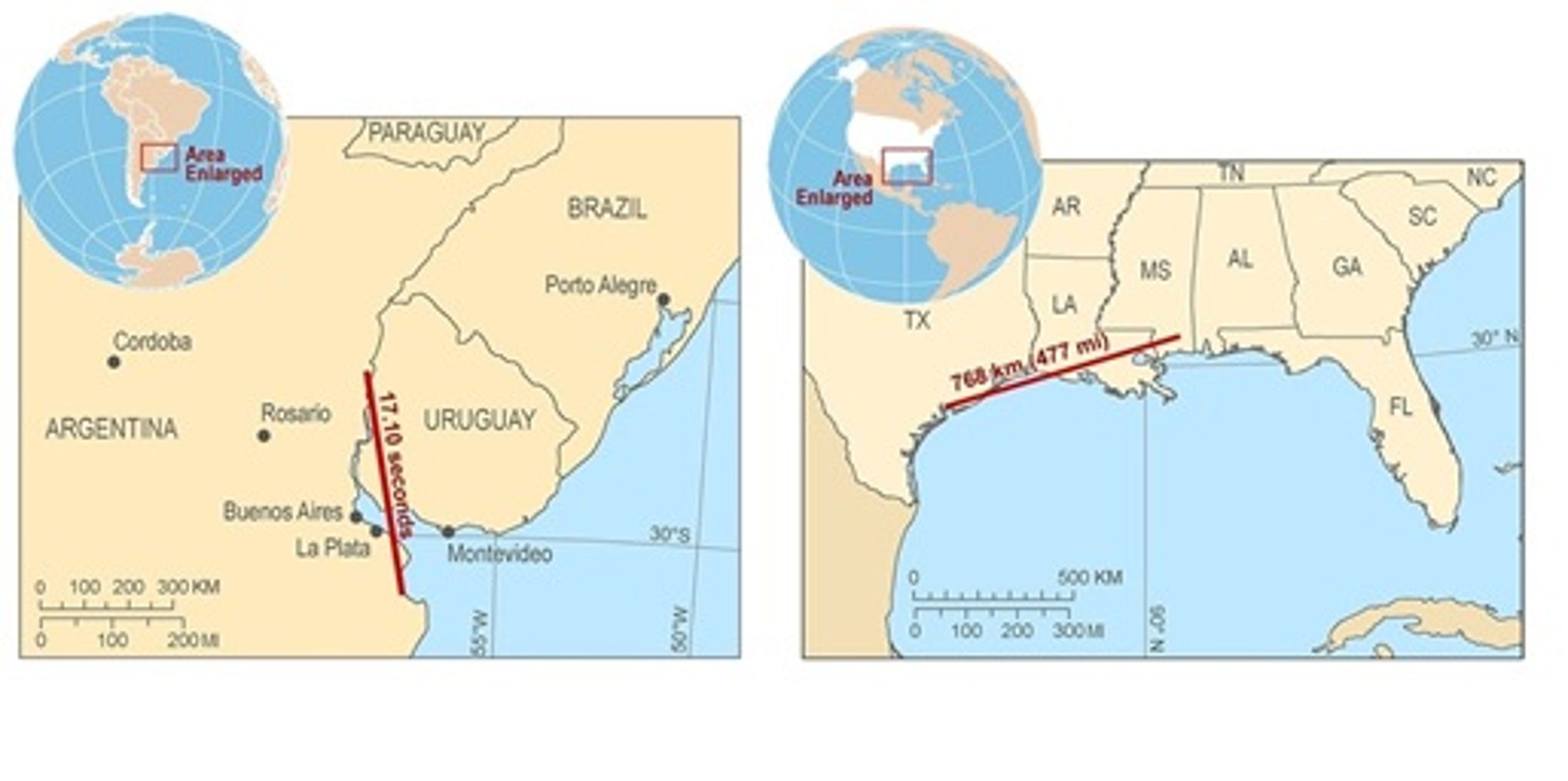 New records were set for both the duration of a lightning strike (left, in South America) and for length of a lightning strikes (right, in the U.S.)
