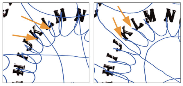 Das Muster des Bewegungsverlaufs der Planchette bei absichtlicher Ansteuerung des Alphabets durch zwei Sitzer (siehe Abb. l.) und das Muster während einer „echten“ Sitzung (r.). Copyright: E. Kruse